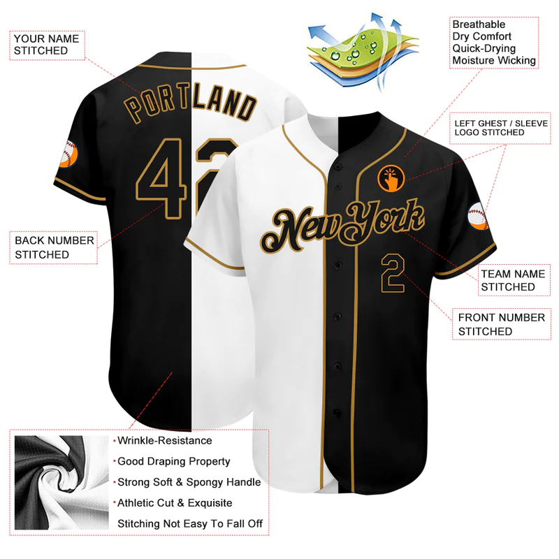 CUSTOM WHITE-BLACK OLD GOLD AUTHENTIC SPLIT FASHION BASEBALL JERSEY