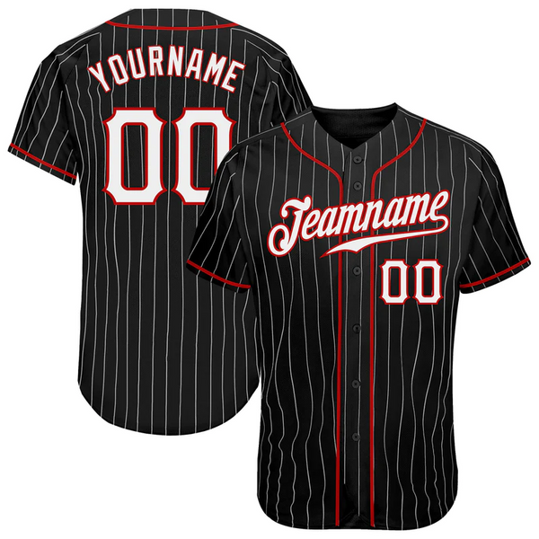 CUSTOM BLACK WHITE PINSTRIPE WHITE-RED AUTHENTIC BASEBALL JERSEY