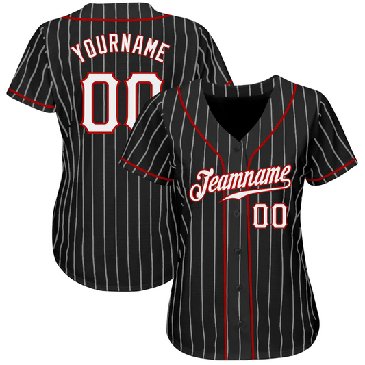 CUSTOM BLACK WHITE PINSTRIPE WHITE-RED AUTHENTIC BASEBALL JERSEY