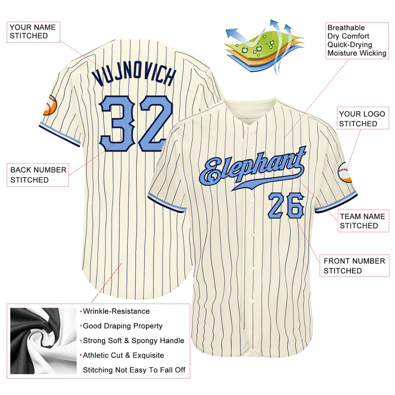 CUSTOM CREAM NAVY PINSTRIPE LIGHT BLUE-NAVY AUTHENTIC BASEBALL JERSEY