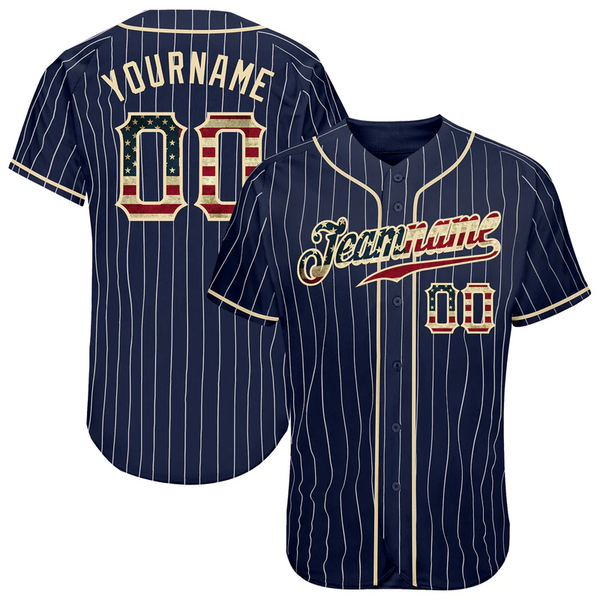 CUSTOM NAVY WHITE PINSTRIPE VINTAGE USA FLAG-CREAM AUTHENTIC BASEBALL JERSEY