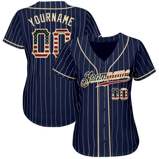 CUSTOM NAVY WHITE PINSTRIPE VINTAGE USA FLAG-CREAM AUTHENTIC BASEBALL JERSEY