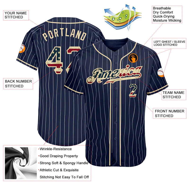 CUSTOM NAVY WHITE PINSTRIPE VINTAGE USA FLAG-CREAM AUTHENTIC BASEBALL JERSEY