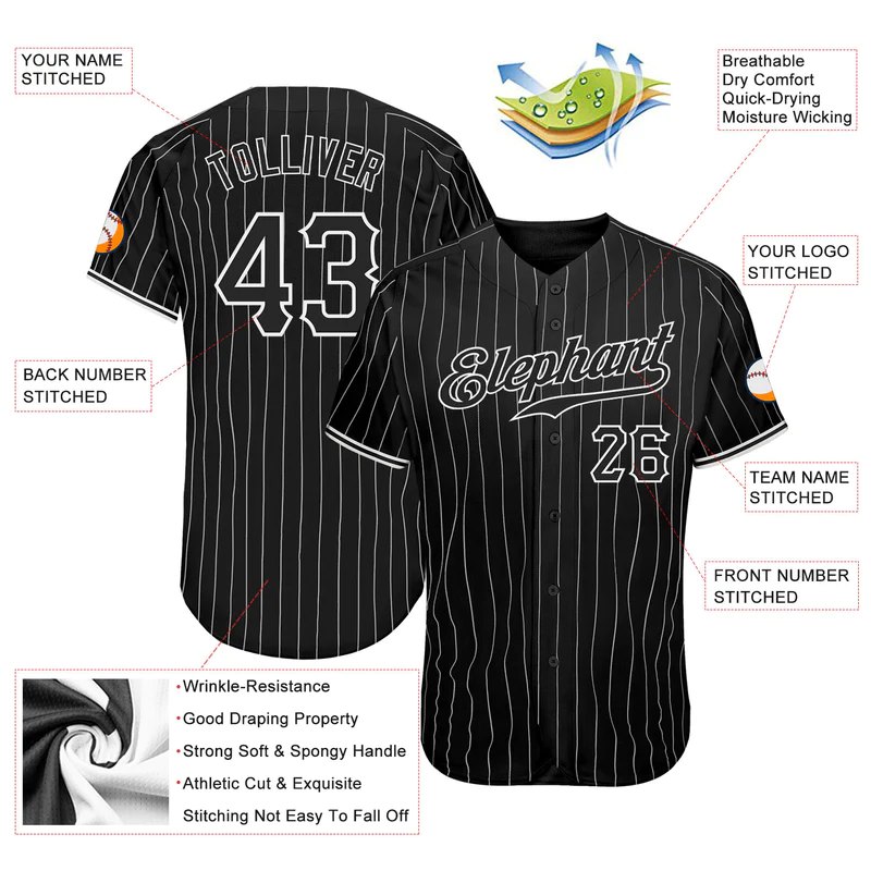 MAGLIA DA BASEBALL AUTENTICA NERA E BIANCA A RIGHE PERSONALIZZATA 