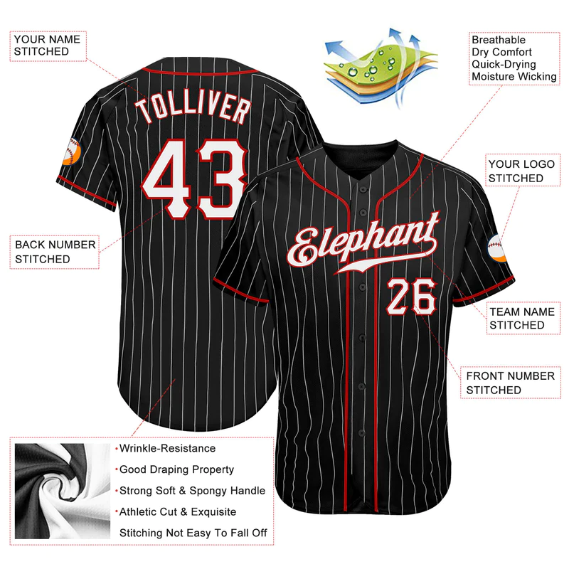 CUSTOM BLACK WHITE PINSTRIPE WHITE-RED AUTHENTIC BASEBALL JERSEY