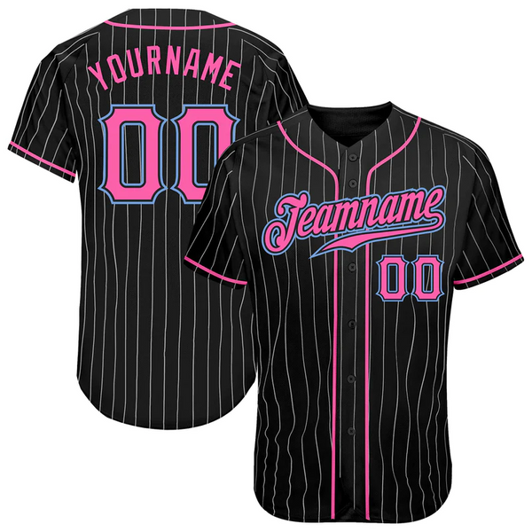 CUSTOM BLACK WHITE PINSTRIPE PINK-LIGHT BLUE AUTHENTIC BASEBALL JERSEY