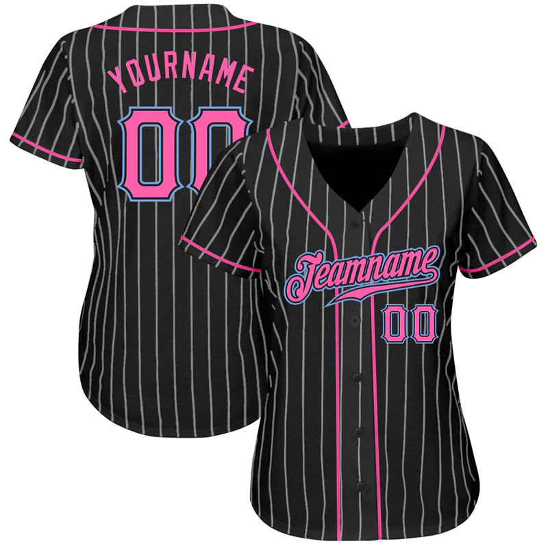 CUSTOM BLACK WHITE PINSTRIPE PINK-LIGHT BLUE AUTHENTIC BASEBALL JERSEY