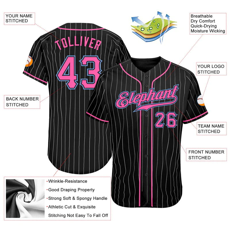 CUSTOM BLACK WHITE PINSTRIPE PINK-LIGHT BLUE AUTHENTIC BASEBALL JERSEY