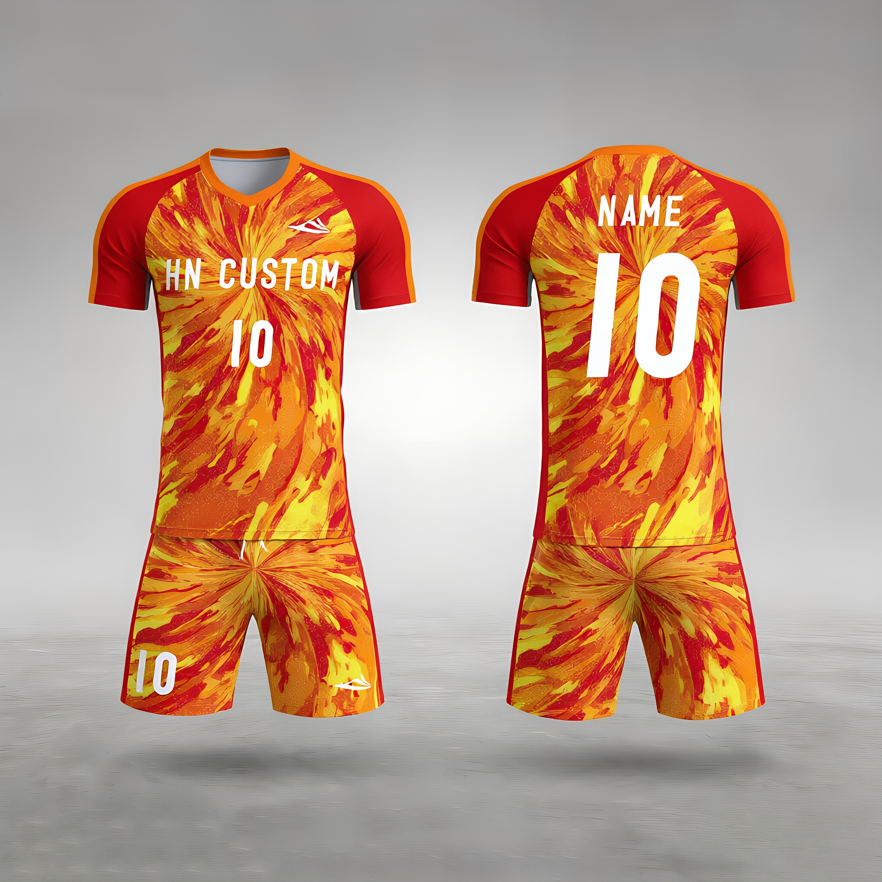 Custom Orange Flame Print Soccer Uniform | Personalized Quick-Dry Football Jersey & Shorts Set