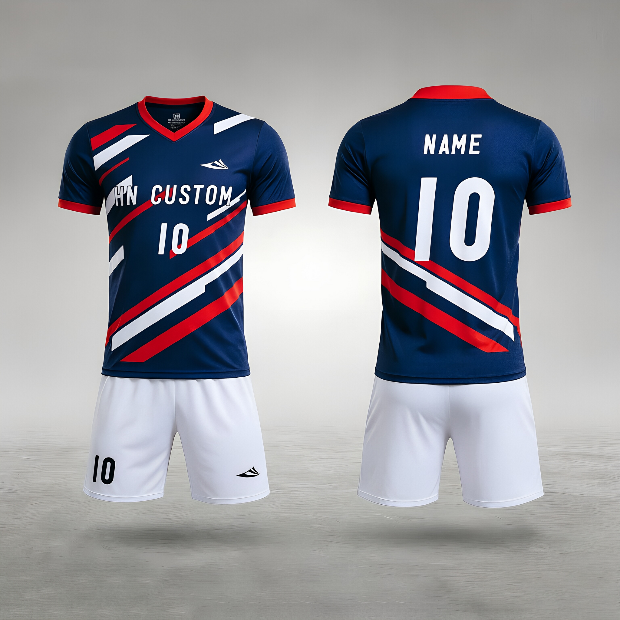 Custom Navy Soccer Uniform with Red & White Diagonal Stripes | Personalized Quick-Dry Jersey & Shorts Set